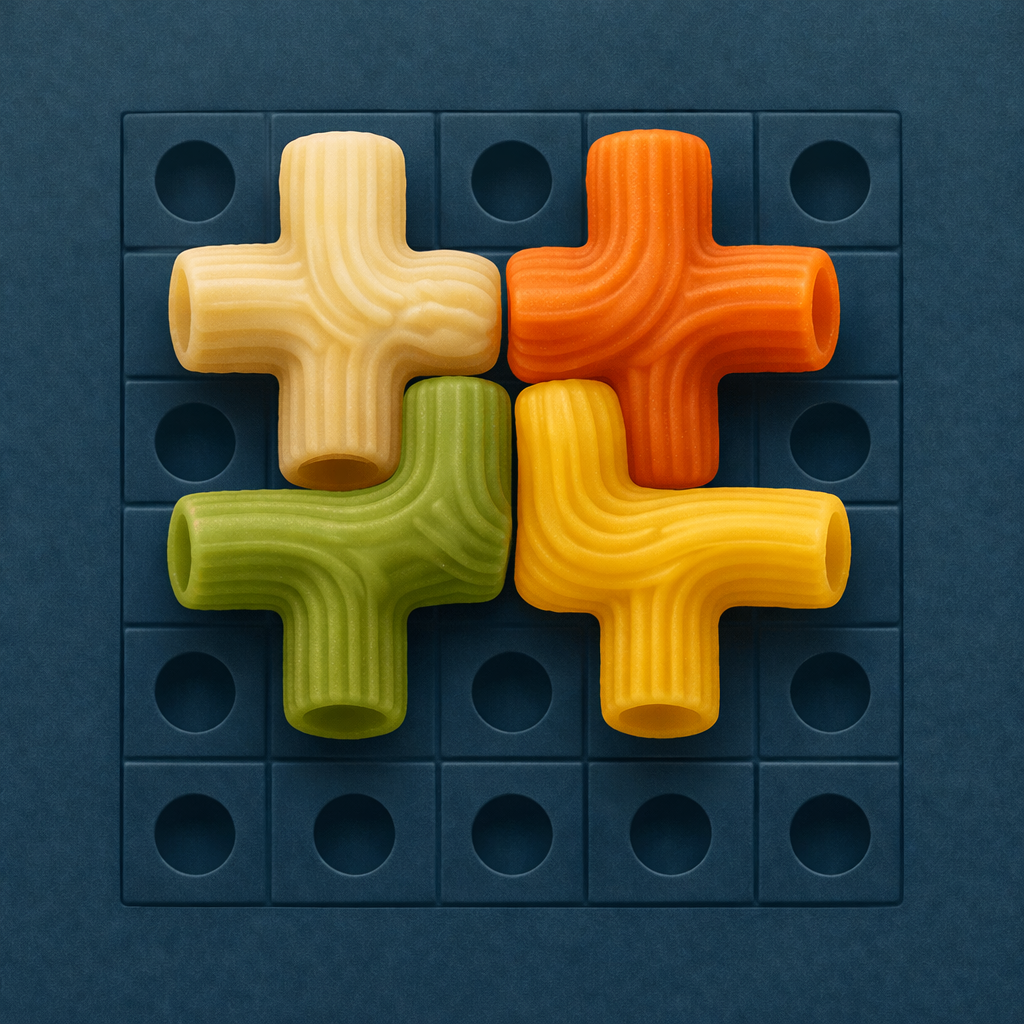 Kapasta app icon showing colorful pasta pieces on a dark board.
