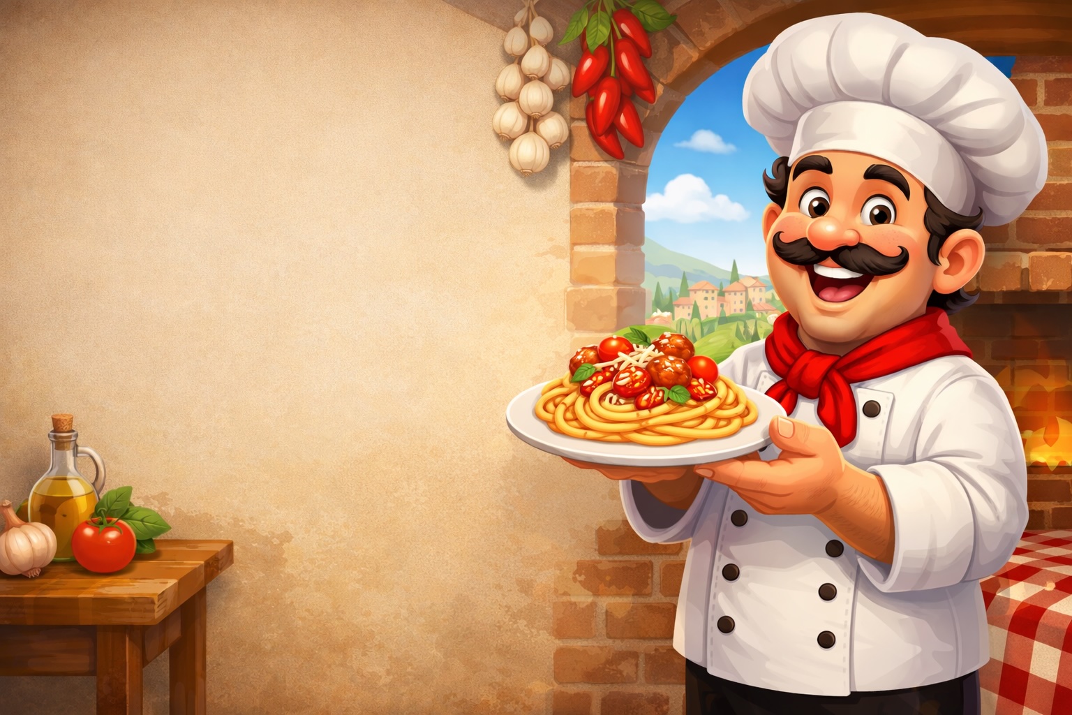 Chef character holding a plate of pasta from Kapasta campaign artwork.