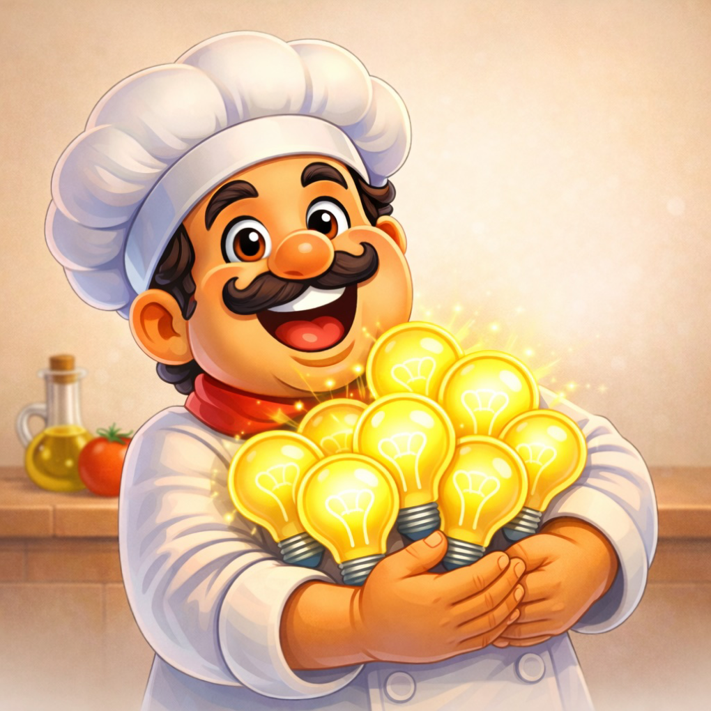 Chef character holding glowing light bulbs used to represent Chef Tips in Kapasta.