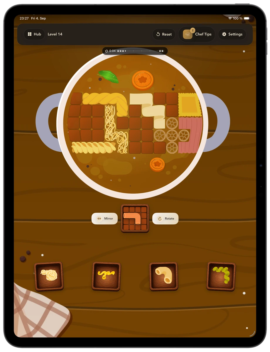 Real Fresh Start gameplay on iPad, with the complete board and touch controls visible.