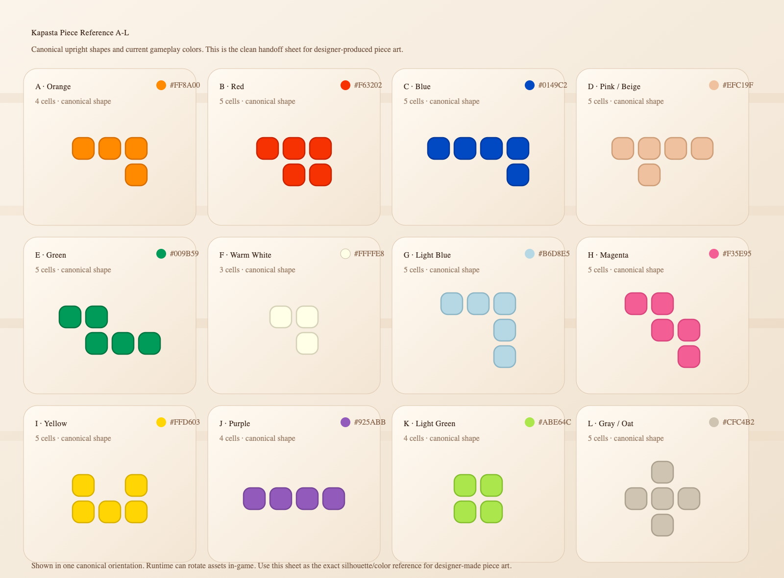 Reference sheet showing all twelve Kapasta puzzle pieces.