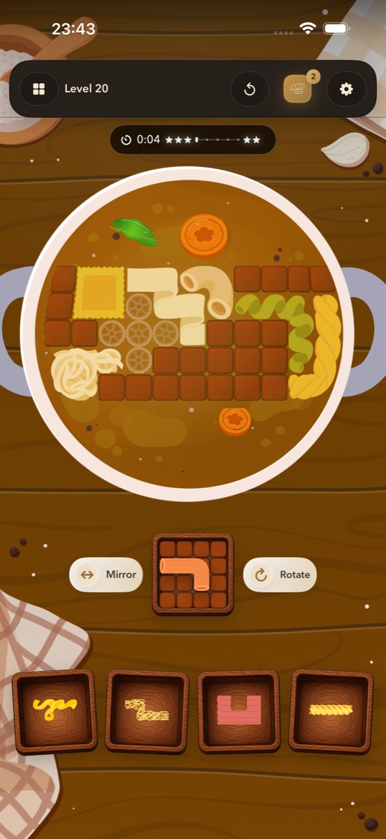 Fresh Start level 20: a fuller puzzle board with differently shaped pasta pieces.
