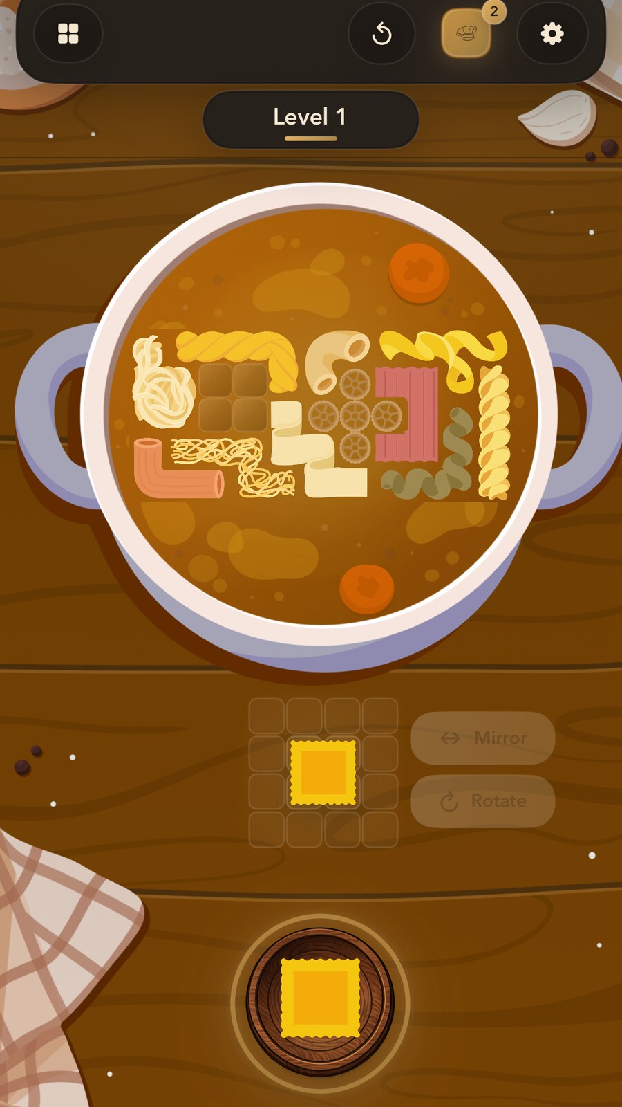 Kapasta gameplay screen with pasta pieces in a pot.