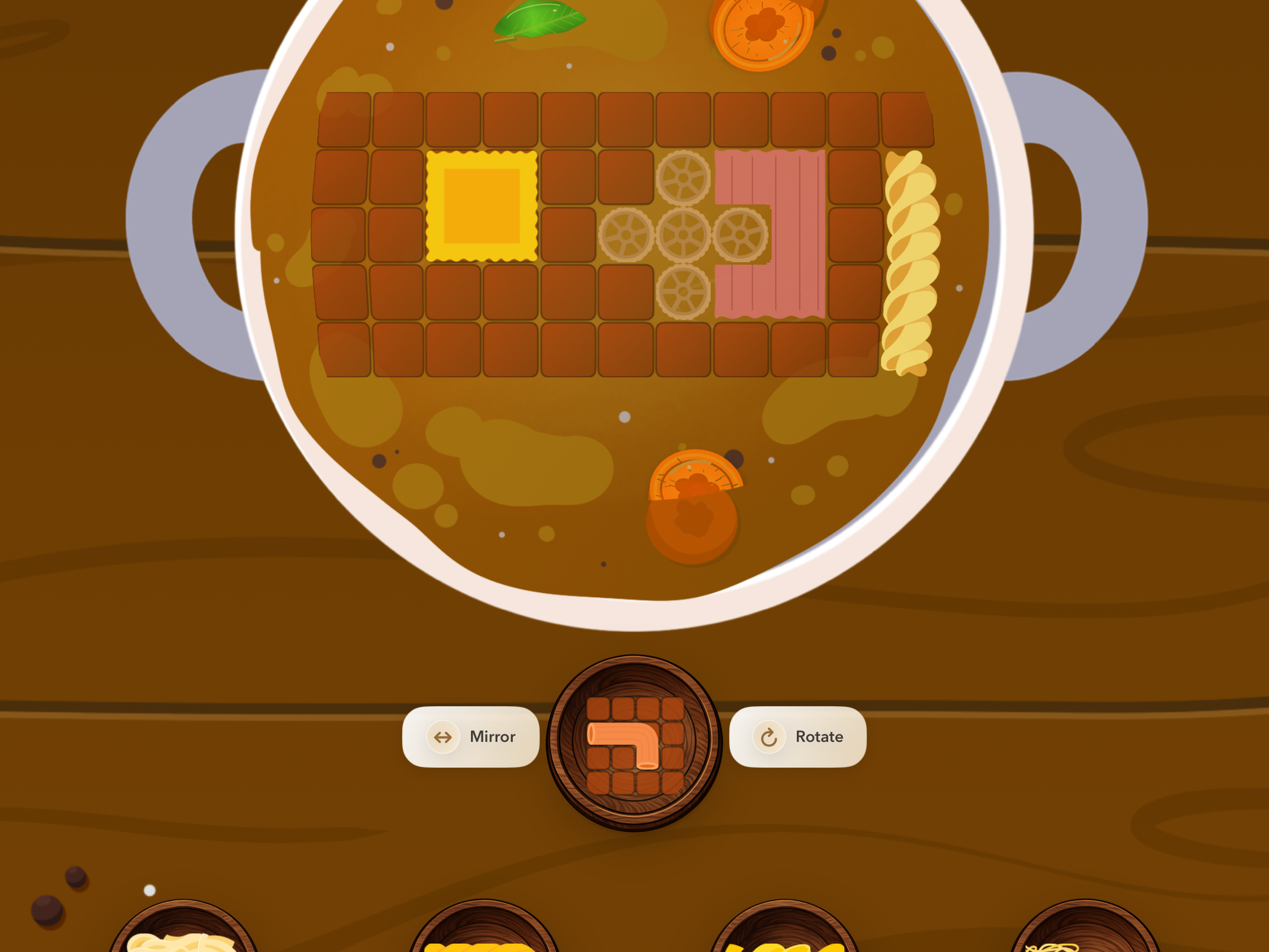 Kapasta Molto Bene level showing the bowl, tray, mirror, and rotate controls.